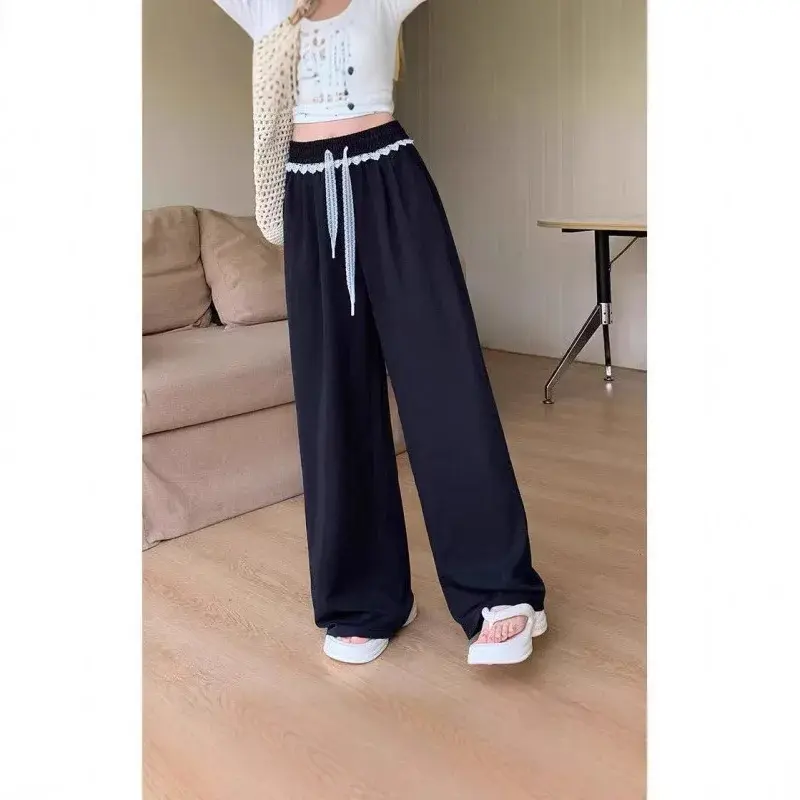 Summer Thin Casual Loose Wide Leg Pants Women's Loose Vertical Sense Straight Leg Pants New 2025 Lace Trim Sembach Pants