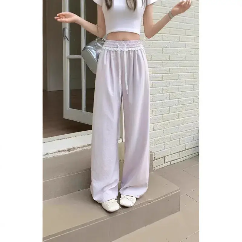 Summer Thin Casual Loose Wide Leg Pants Women's Loose Vertical Sense Straight Leg Pants New 2025 Lace Trim Sembach Pants