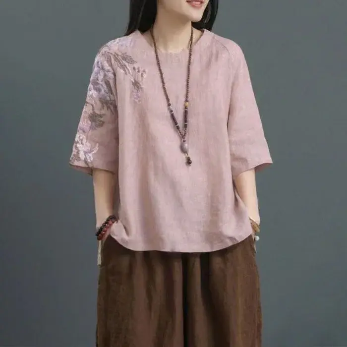 Women's Cotton Linen Top Summer Thin Embroidered Loose Fit T-Shirt Vintage Chinese Style Artistic Large Size Casual Wear