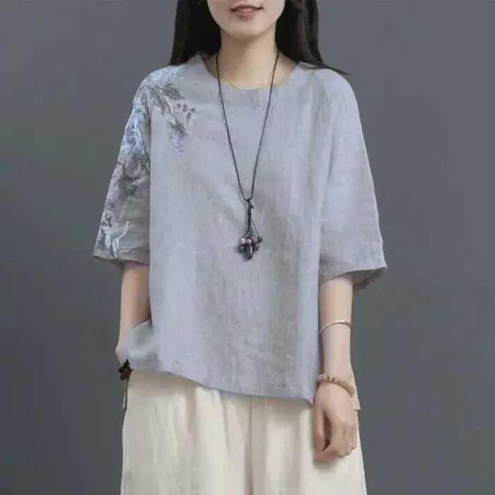 Women's Cotton Linen Top Summer Thin Embroidered Loose Fit T-Shirt Vintage Chinese Style Artistic Large Size Casual Wear
