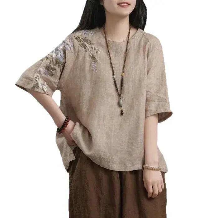 Women's Cotton Linen Top Summer Thin Embroidered Loose Fit T-Shirt Vintage Chinese Style Artistic Large Size Casual Wear