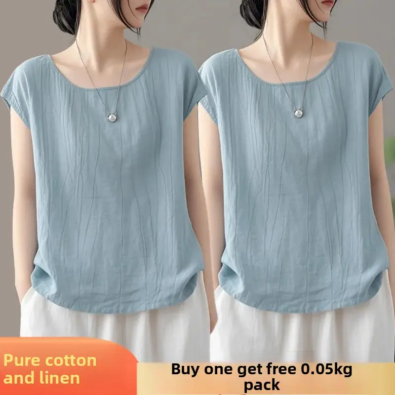 Slimming Large Size Summer T-Shirt Women's Thin round Neck Casual Outerwear Fashionable Loose Pure Color Versatile Summer Top