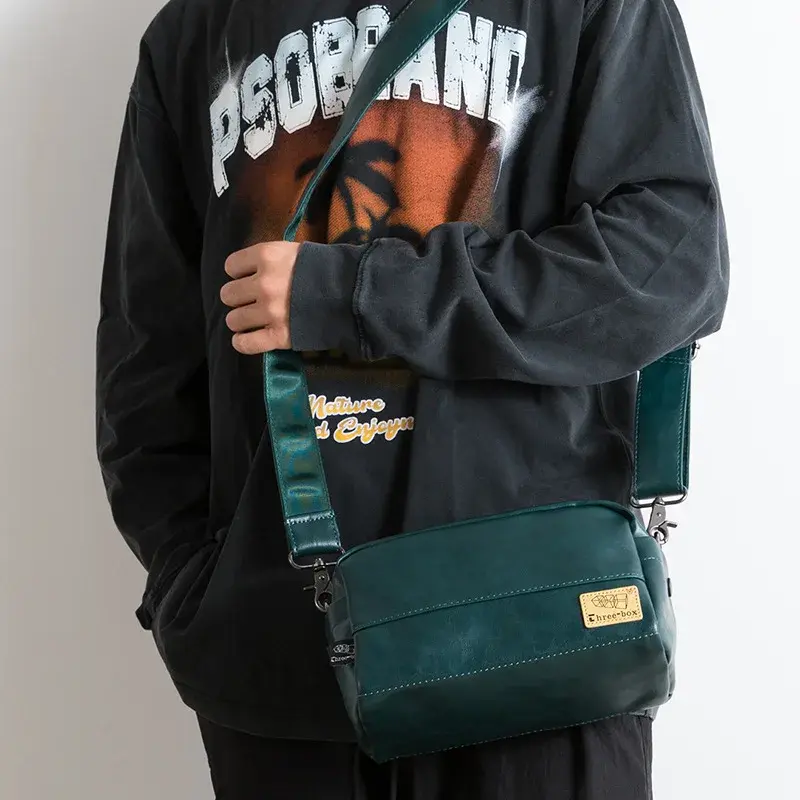 Trendy Korean Style Men's Shoulder Bag Soft Leather Casual Green Vintage Crossbody Bag Unique Street Small Carry Bag Work Bag