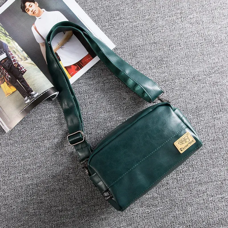 Trendy Korean Style Men's Shoulder Bag Soft Leather Casual Green Vintage Crossbody Bag Unique Street Small Carry Bag Work Bag