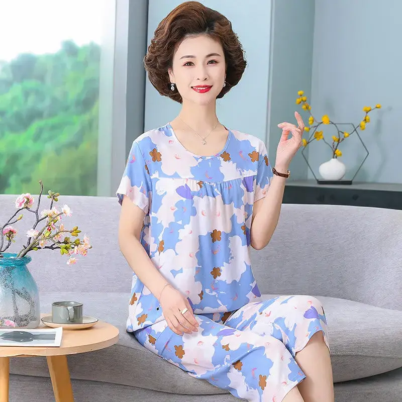 Women's Summer Pajamas 2024 New Style High-end Feel Ice Silk Loose Fit Cotton Silk Short Sleeves Thin