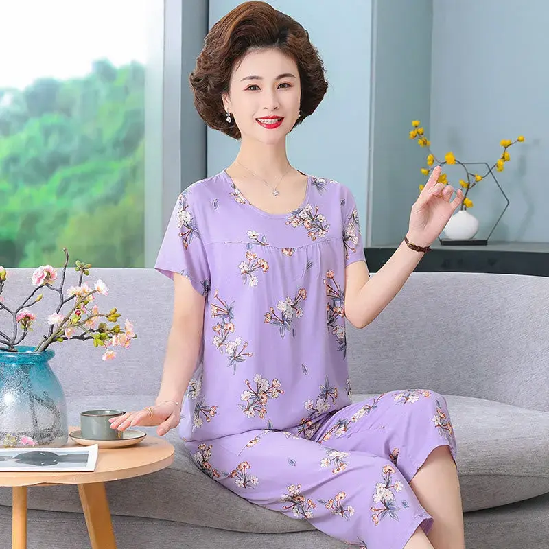 Women's Summer Pajamas 2024 New Style High-end Feel Ice Silk Loose Fit Cotton Silk Short Sleeves Thin