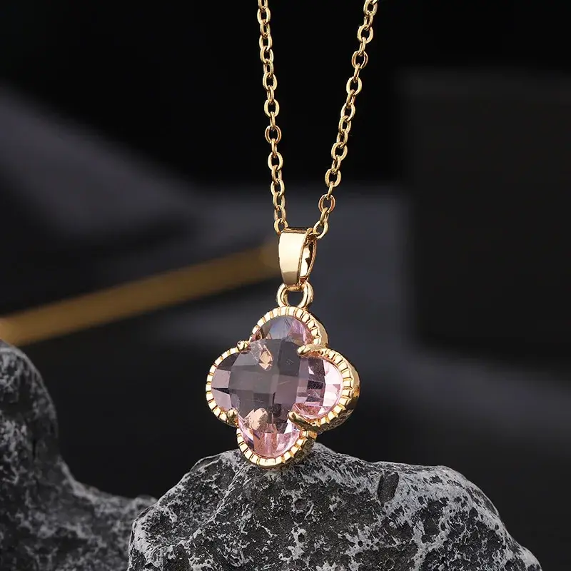 Women's Forest System Four-leaf Clover Multicolor Zircon Crystal Pendant Necklace Titanium Steel Non-fading Style Clavicle Chain
