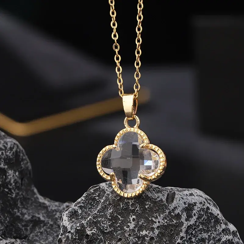 Women's Forest System Four-leaf Clover Multicolor Zircon Crystal Pendant Necklace Titanium Steel Non-fading Style Clavicle Chain