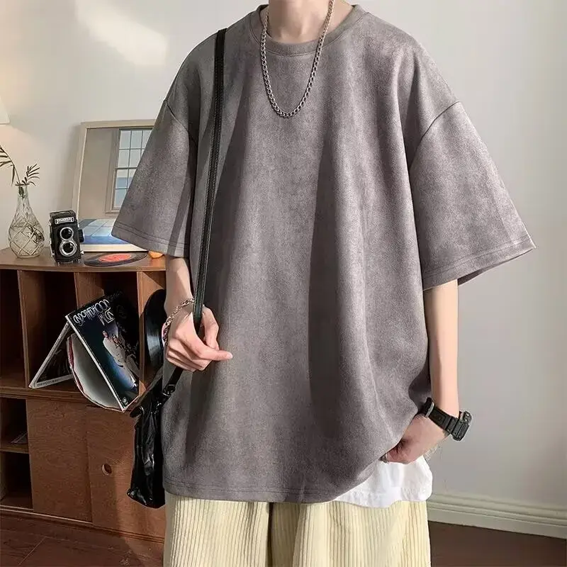 Chamois Leather Velvet Short Sleeve T-Shirt For Men Summer American Style Vintage Trendy Oversize Loose-Fit Half Sleeve Top