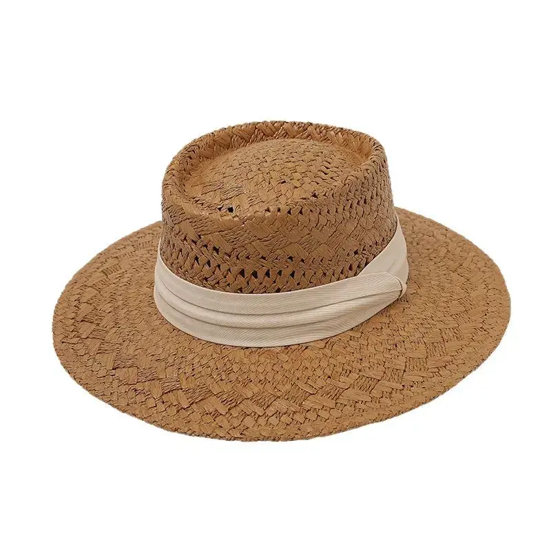 French Style Flat Top Retro Casual Mini Hat Straw Beach Hat Women Summer Coast Sunshade Large Brim Woven Straw Hat