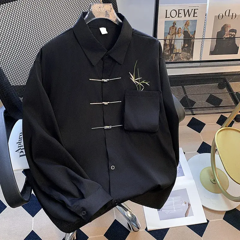 High-end Feel Chinese Style Casual Long Sleeve Shirt For Men Loose Fit Draped Metal Buckle Shirt New Chinese Jacket