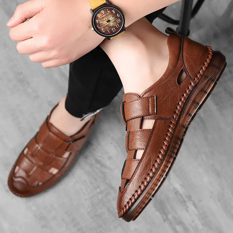 Leather Sandals Baotou 2025 Summer New Genuine Leather Breathable Hollow Porous Shoes Men's Tendon Soft Bottom Middle-Aged Dad S