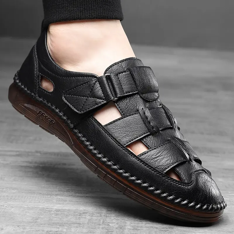 Leather Sandals Baotou 2025 Summer New Genuine Leather Breathable Hollow Porous Shoes Men's Tendon Soft Bottom Middle-Aged Dad S