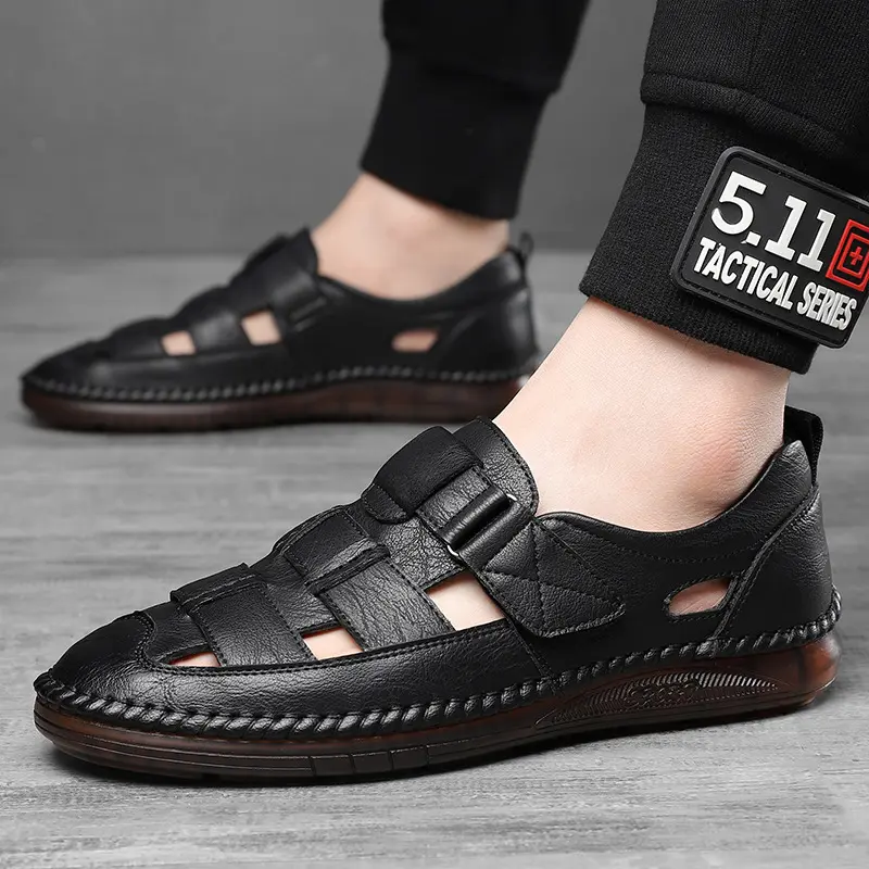 Leather Sandals Baotou 2025 Summer New Genuine Leather Breathable Hollow Porous Shoes Men's Tendon Soft Bottom Middle-Aged Dad S