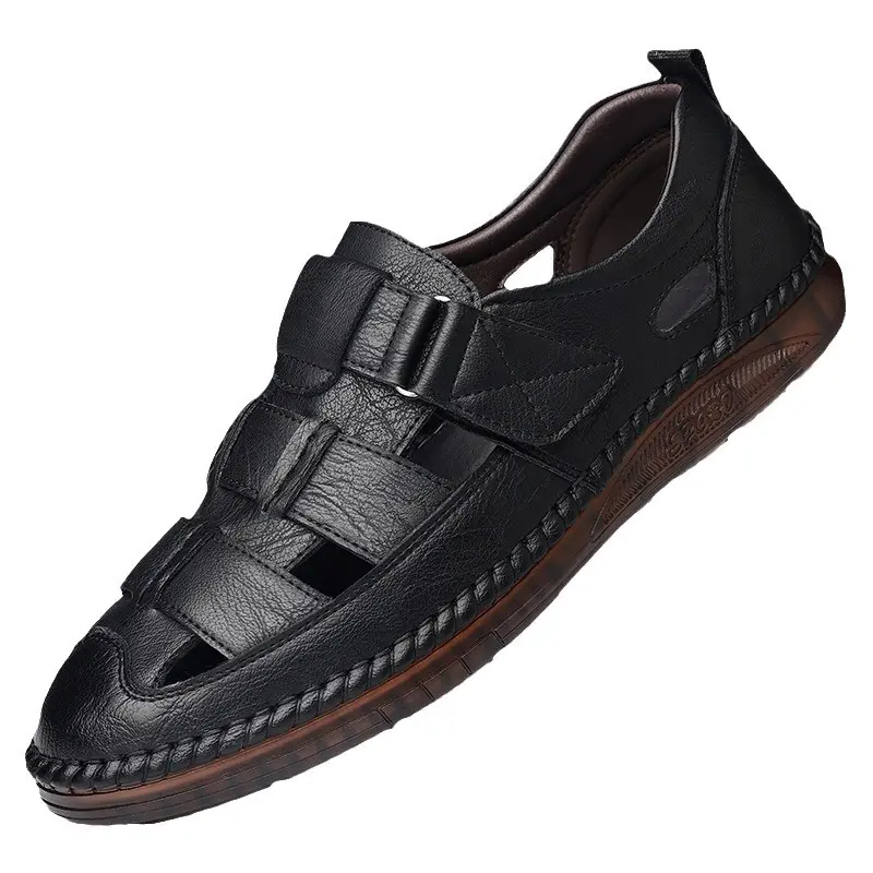 Leather Sandals Baotou 2025 Summer New Genuine Leather Breathable Hollow Porous Shoes Men's Tendon Soft Bottom Middle-Aged Dad S