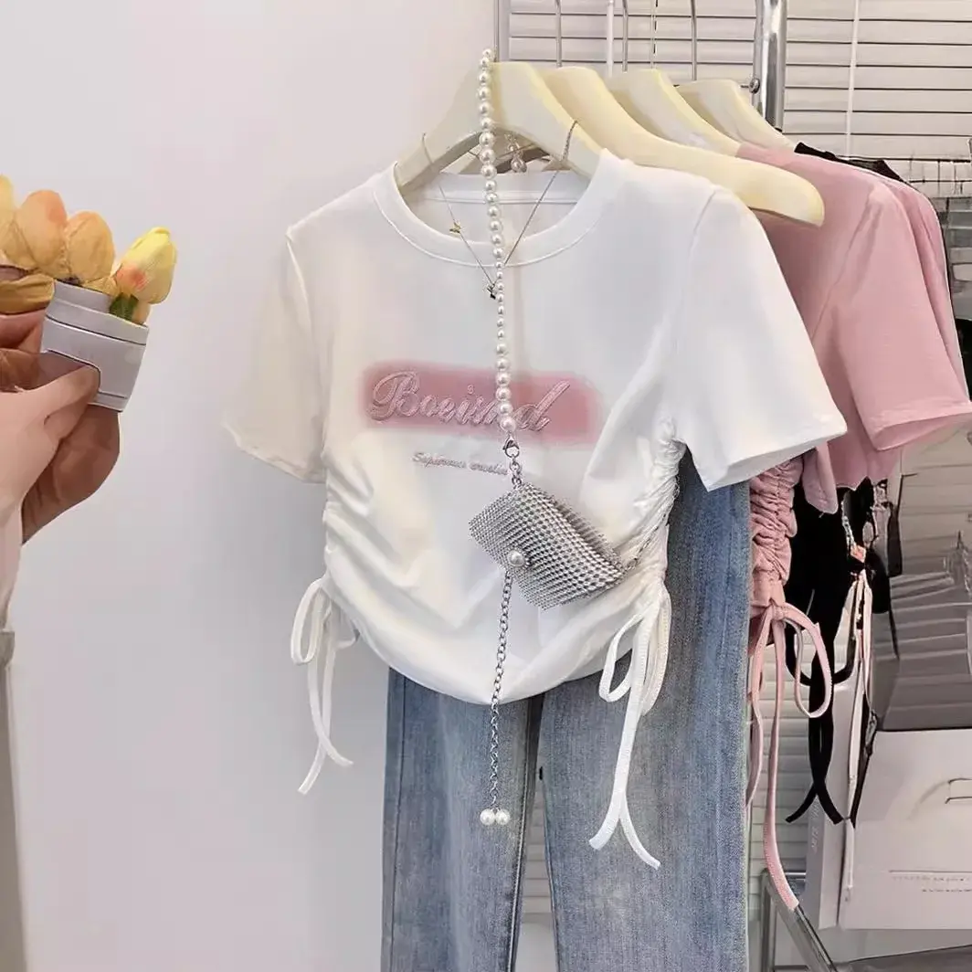 American Style Embroidered Slim Fit Short Sleeve T-Shirt For Women And Girls 2024 Summer New Arrival Cropped Body Conscious Top