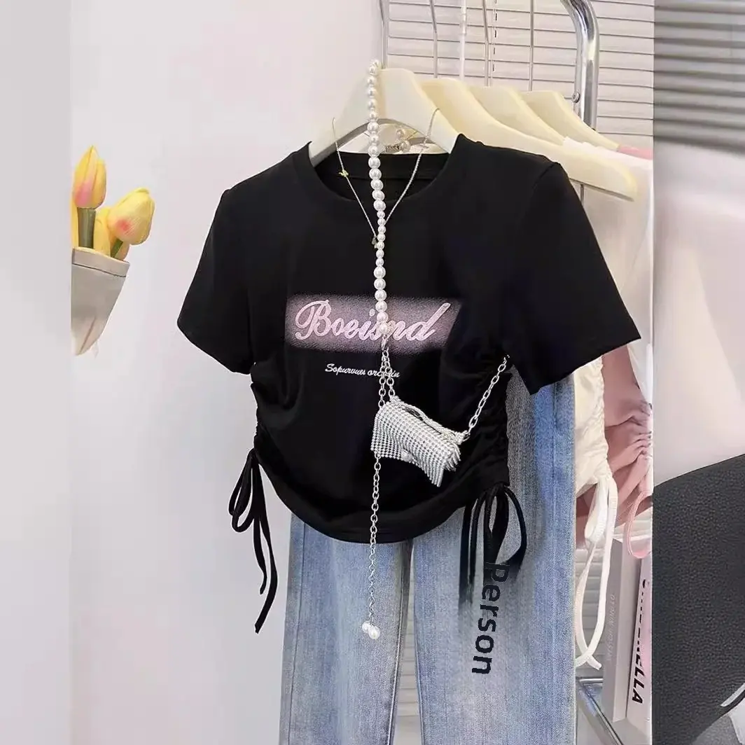 American Style Embroidered Slim Fit Short Sleeve T-Shirt For Women And Girls 2024 Summer New Arrival Cropped Body Conscious Top