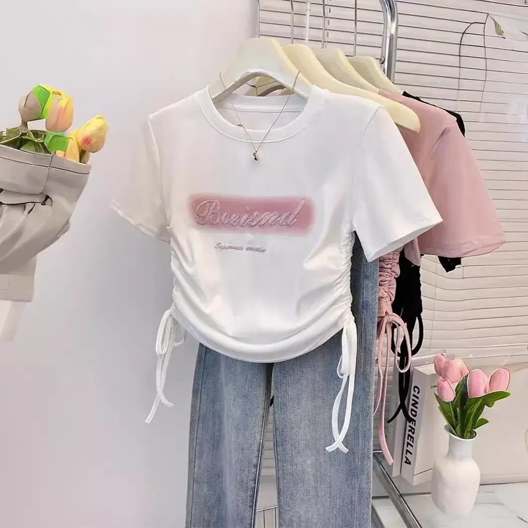 American Style Embroidered Slim Fit Short Sleeve T-Shirt For Women And Girls 2024 Summer New Arrival Cropped Body Conscious Top