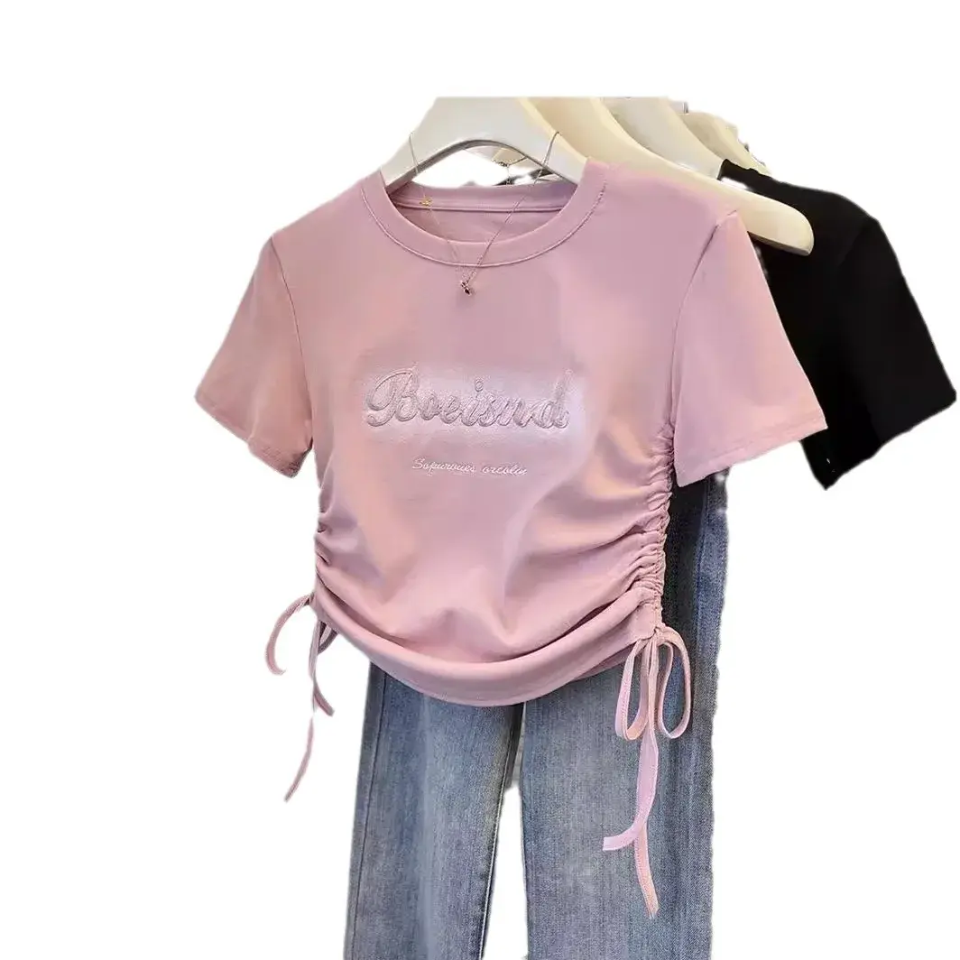 American Style Embroidered Slim Fit Short Sleeve T-Shirt For Women And Girls 2024 Summer New Arrival Cropped Body Conscious Top