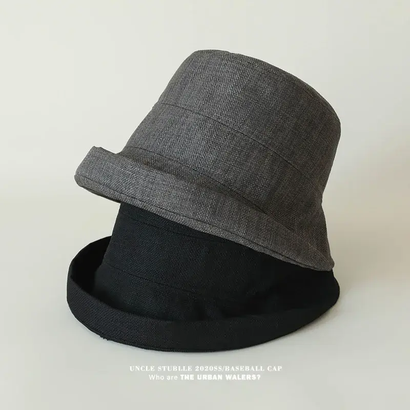 Cotton Linen Fishing Cap Unisex Large Brim Sunshade Face Slimming Solid Color Versatile Bucket Hat Korean Style Summer Hat