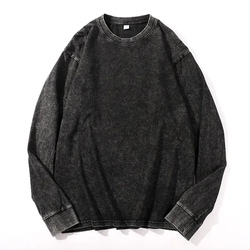 Distressed Long Sleeve Cotton T-Shirt For Men And Women Vintage American Style Crew Neck Autumn New Arrival Plus Size Loose Fit