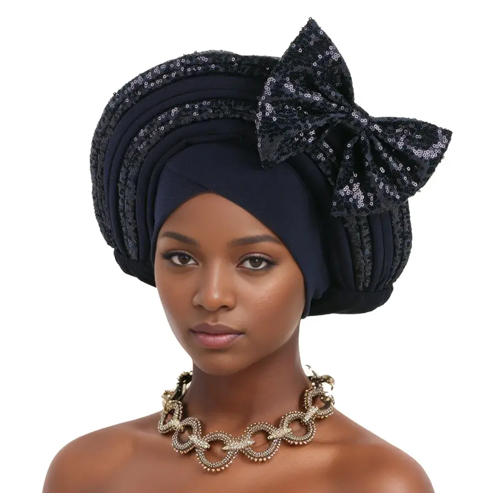 New Heavy Work African Wedding Hat Multi-Layer Sequin Butterfly Knot Headscarf Cap Bright Shiny Party Accessory Hair Cover