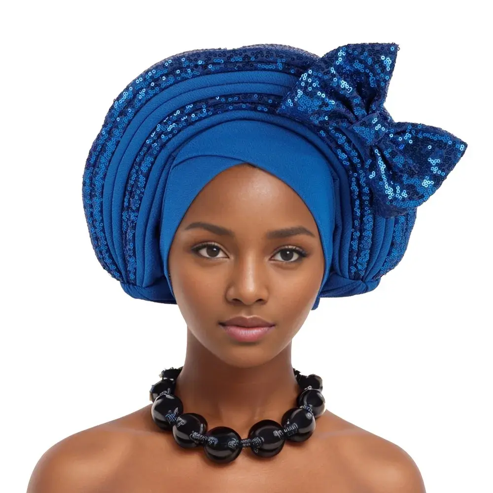 New Heavy Work African Wedding Hat Multi-Layer Sequin Butterfly Knot Headscarf Cap Bright Shiny Party Accessory Hair Cover
