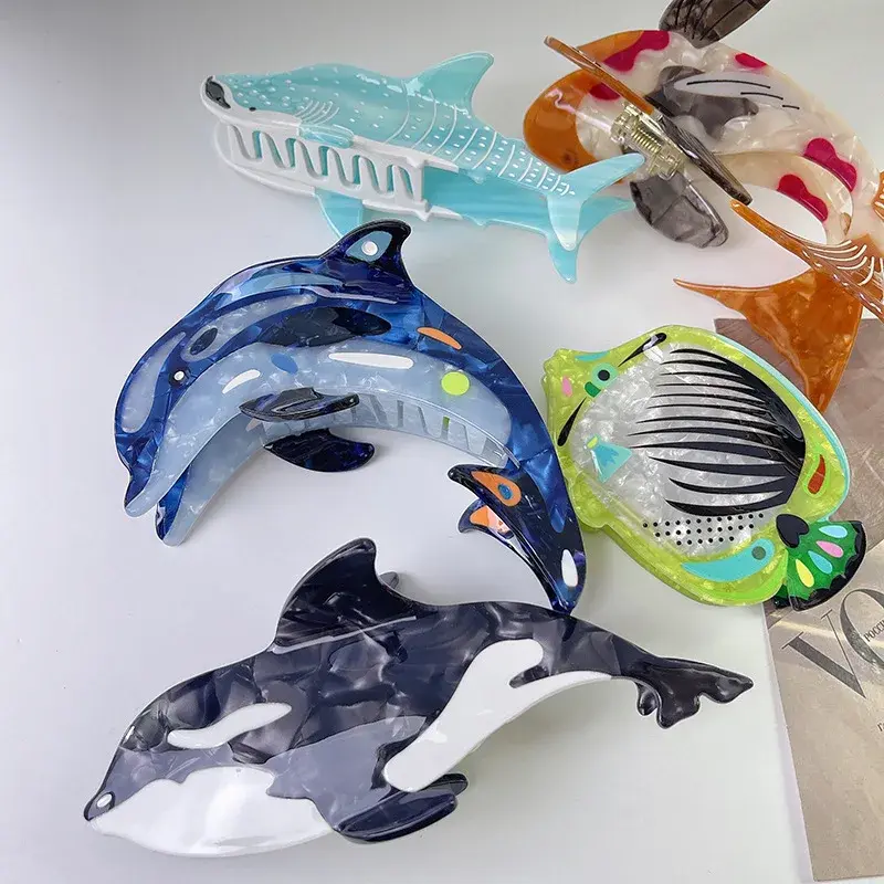 Large Size Acetate Shark Hair Clip Dolphin Whale Design Ocean Series Professional Salon Hair Partition Fixed Hair Clip