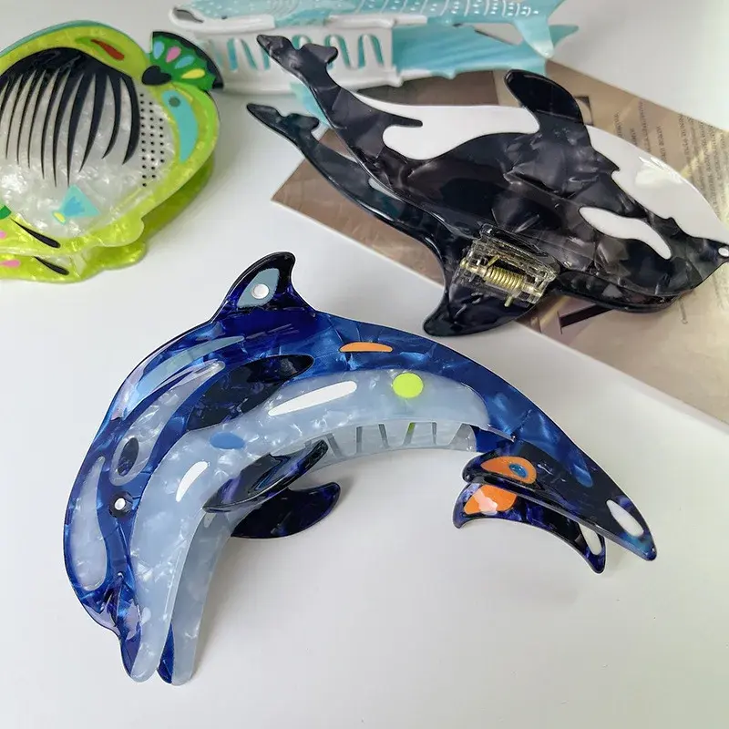 Large Size Acetate Shark Hair Clip Dolphin Whale Design Ocean Series Professional Salon Hair Partition Fixed Hair Clip