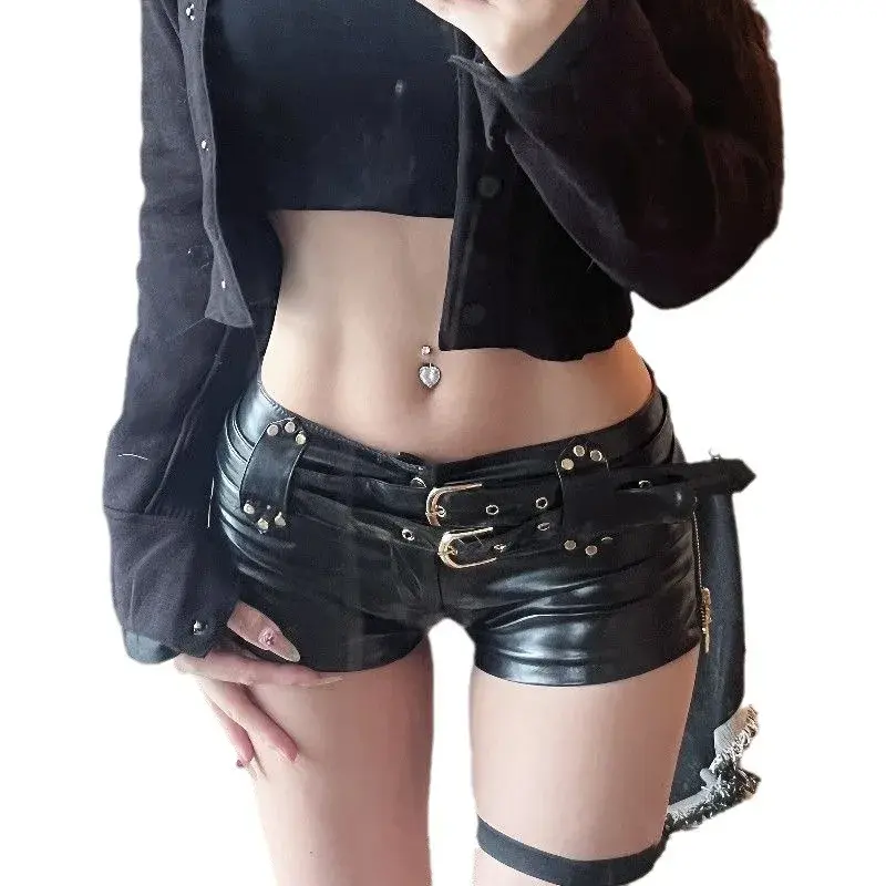 New Vintage Maillard Spicy Girl Y2K Nightclub Sexy Low Waist Packed Shorts PU Leather Ultra Shorts Boots For Women