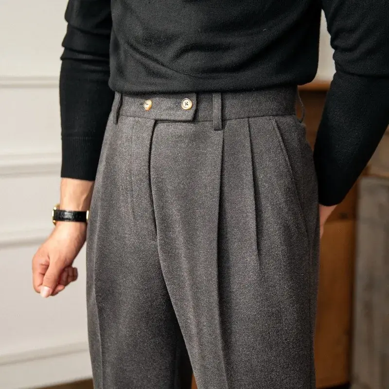 Autumn Winter High-waisted Woolen Casual Pants For Men Warm Straight-leg Draped Narrowing Legging Casual Suit Pants