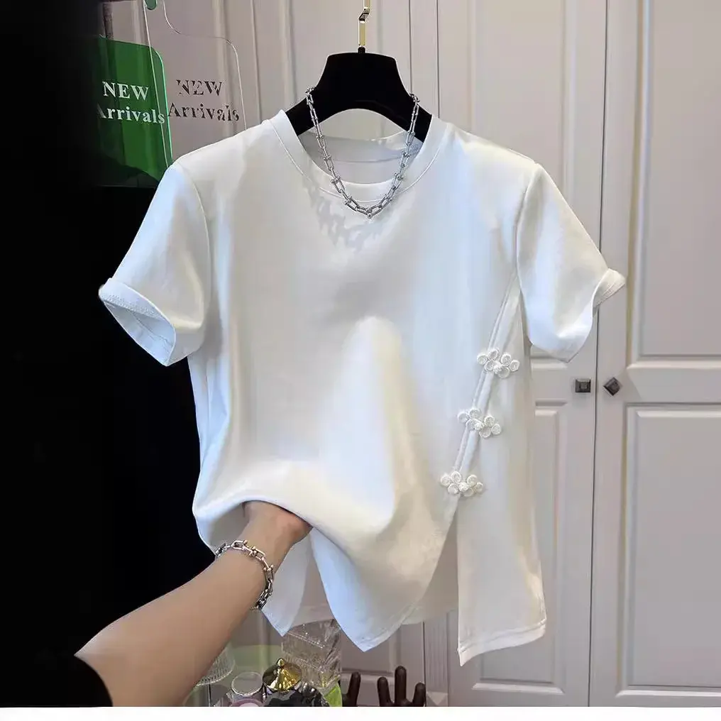 Short Sleeve T-Shirt Women round Neck Cotton Large Size Chinese Style Patchwork Asymmetrical Hemline Spring Summer Top