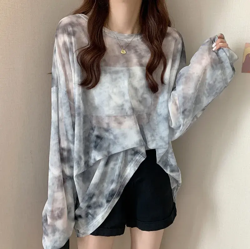 Sun Protection Mesh Casual Long Sleeve Crew Neck T-Shirt Women's Top Floral Print See through Design Summer New Style