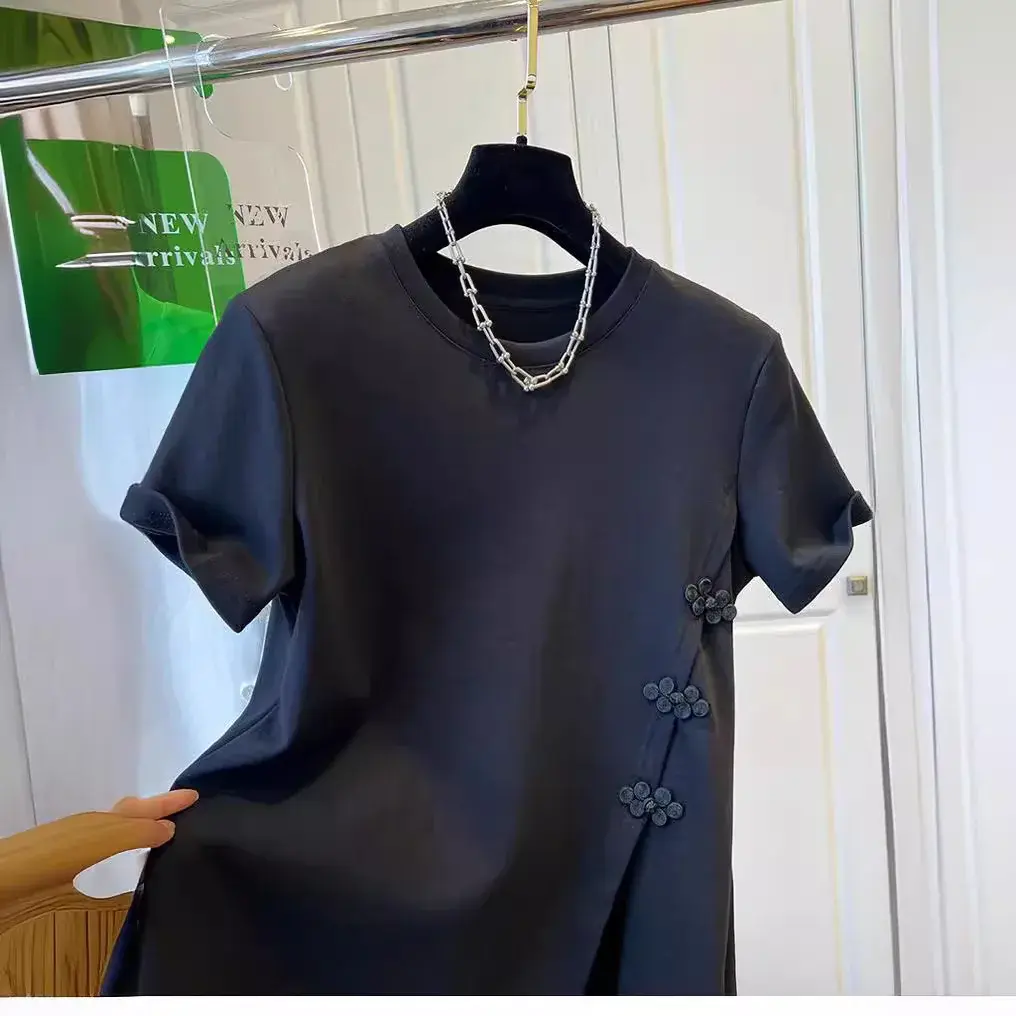 Short Sleeve T-Shirt Women round Neck Cotton Large Size Chinese Style Patchwork Asymmetrical Hemline Spring Summer Top