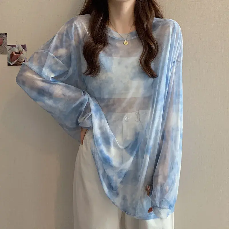 Sun Protection Mesh Casual Long Sleeve Crew Neck T-Shirt Women's Top Floral Print See through Design Summer New Style
