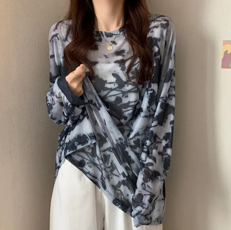 Sun Protection Mesh Casual Long Sleeve Crew Neck T-Shirt Women's Top Floral Print See through Design Summer New Style