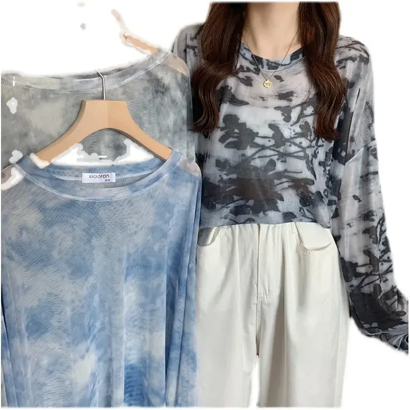 Sun Protection Mesh Casual Long Sleeve Crew Neck T-Shirt Women's Top Floral Print See through Design Summer New Style