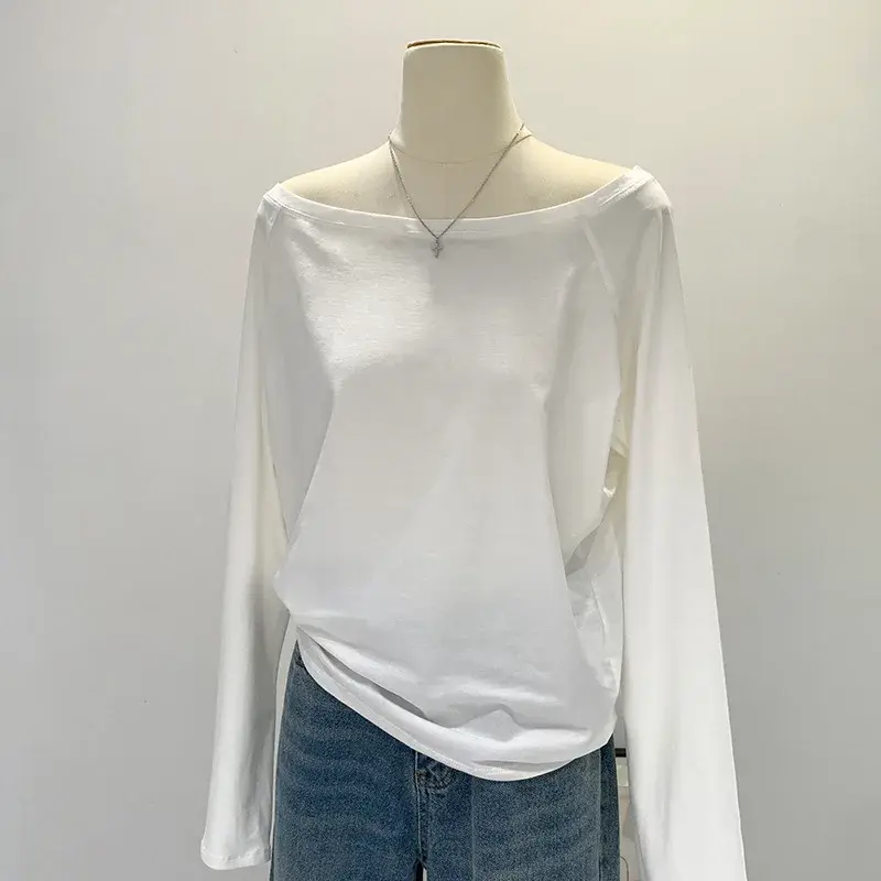 Off-Shoulder Cotton Long Sleeve T-Shirt Women's Loose Fit BlackT 2025 Spring Autumn/Winter New Style Inner Layer Top