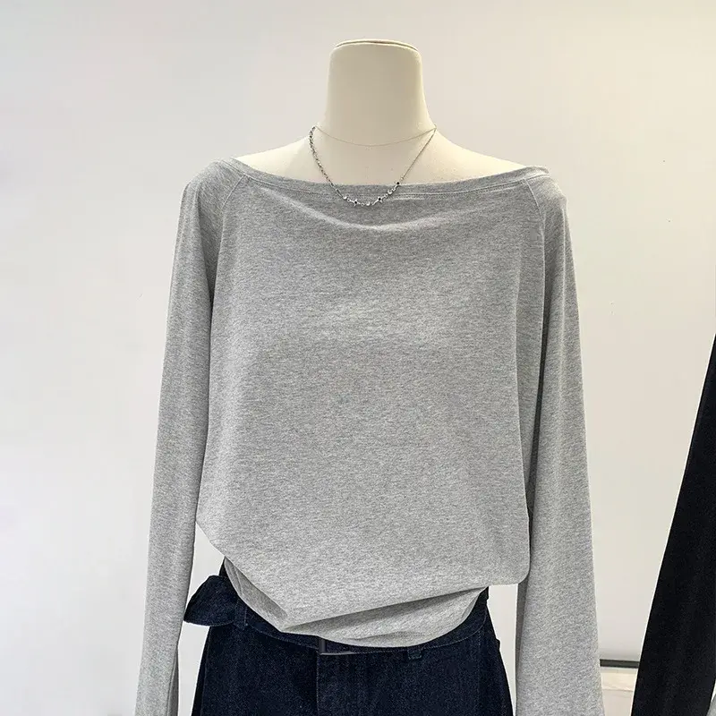 Off-Shoulder Cotton Long Sleeve T-Shirt Women's Loose Fit BlackT 2025 Spring Autumn/Winter New Style Inner Layer Top