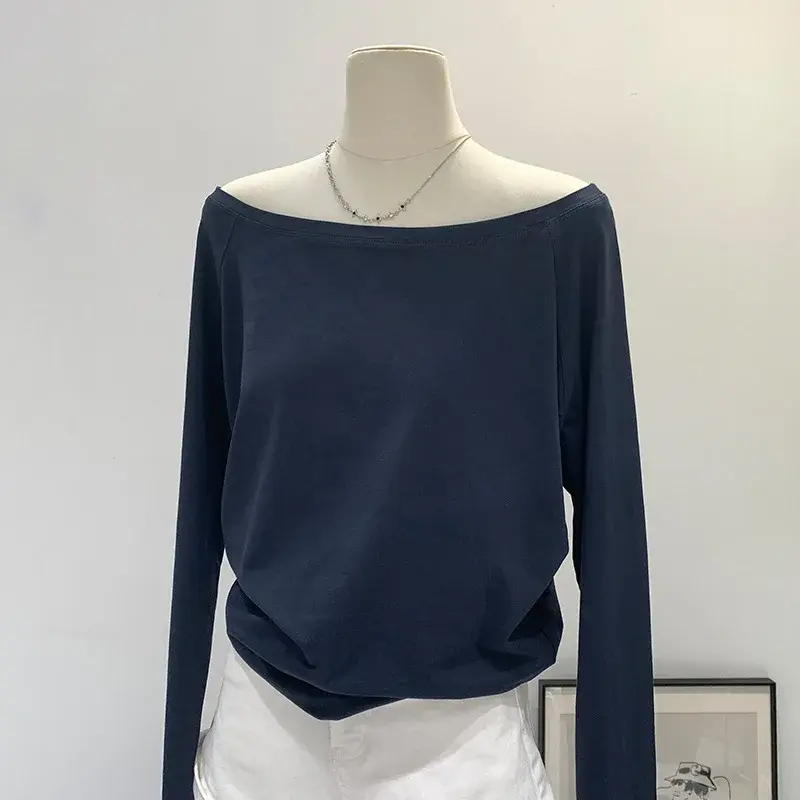 Off-Shoulder Cotton Long Sleeve T-Shirt Women's Loose Fit BlackT 2025 Spring Autumn/Winter New Style Inner Layer Top