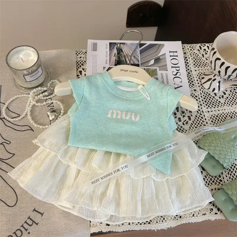 Korean Style Children's Clothing Summer New Arrival Girls' Fly Sleeve Letter Vest Skirt Two-Piece Set Fashionable And Cute