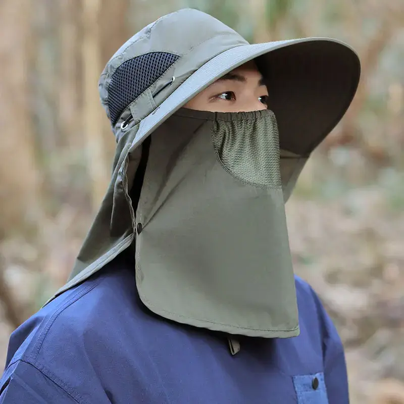 Men's Summer Fishing Wide Brim Sunshade Hat Outdoor Mountain Climbing Shoulder Length Scarf UV Protection Mesh Face Veil Hat