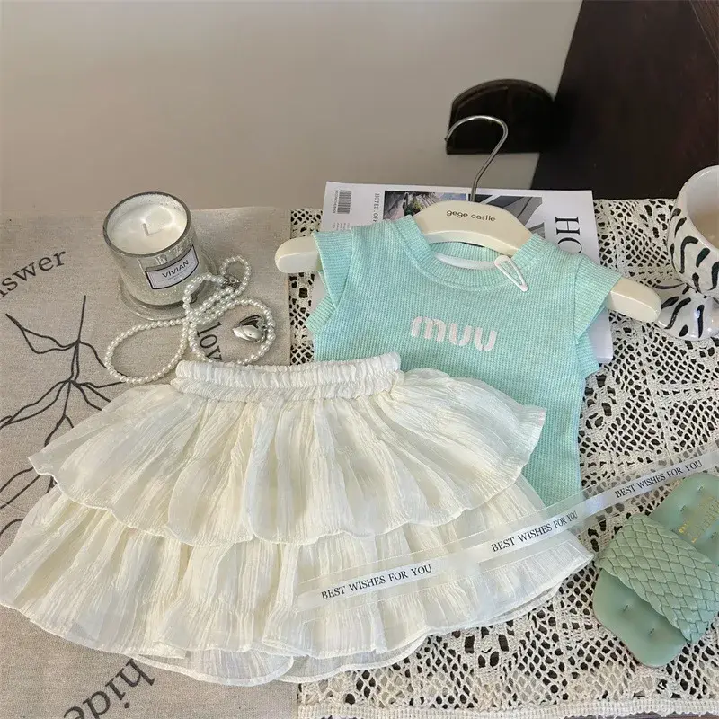 Korean Style Children's Clothing Summer New Arrival Girls' Fly Sleeve Letter Vest Skirt Two-Piece Set Fashionable And Cute