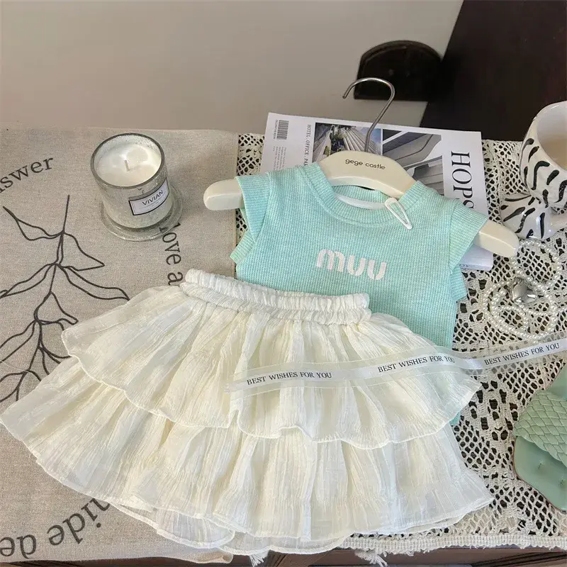 Korean Style Children's Clothing Summer New Arrival Girls' Fly Sleeve Letter Vest Skirt Two-Piece Set Fashionable And Cute