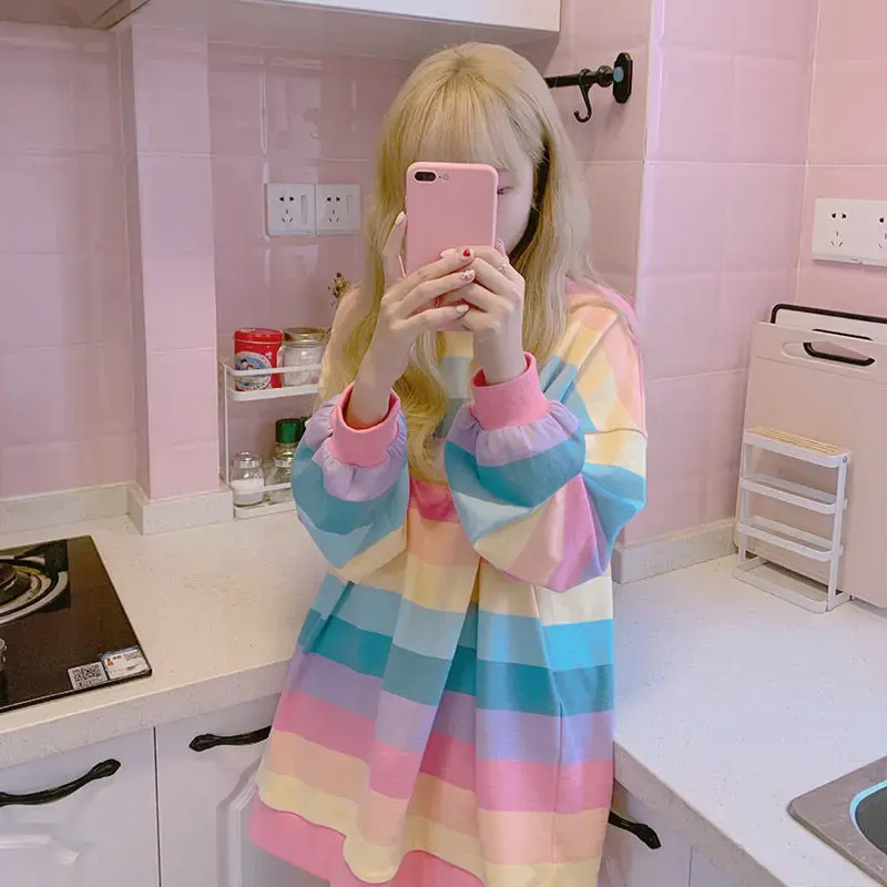 2023 Autumn Winter Rainbow Stripe Long Sleeve Sweatshirt Women's Korean Trendy Loose Fit Harajuku Thin Top Outer Wear