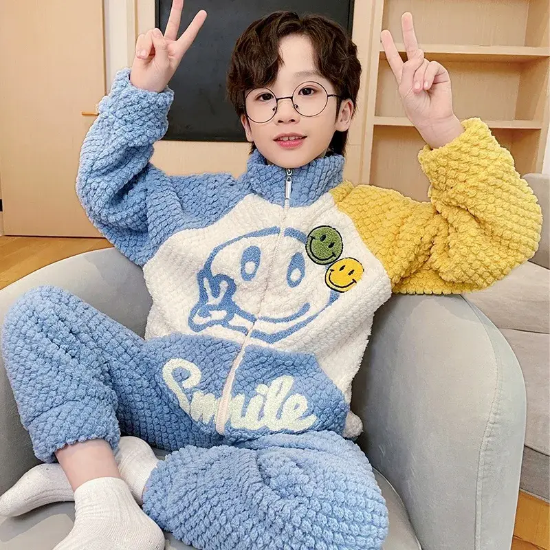 2023 New Autumn Boys Sleepwear Coral Fleece-Lined Flannel Home Clothes Winter Warm Comfortable Children's Pajamas Set