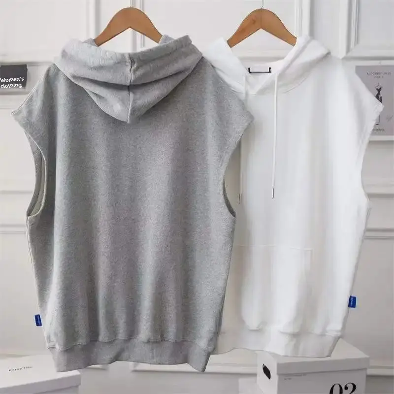 Spring Autumn Loose-Fit Plus Size Simple Medium-Length Sweatshirt Women's Hooded Vest Jacket Ins Without Sleeves