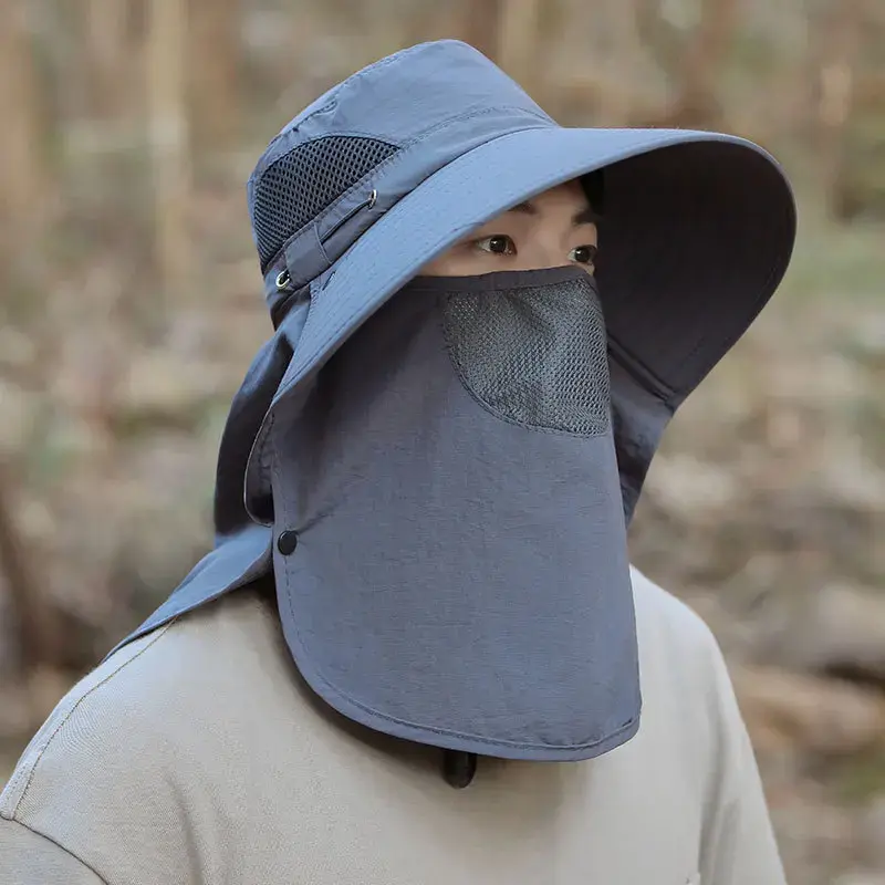 Men's Summer Fishing Wide Brim Sunshade Hat Outdoor Mountain Climbing Shoulder Length Scarf UV Protection Mesh Face Veil Hat