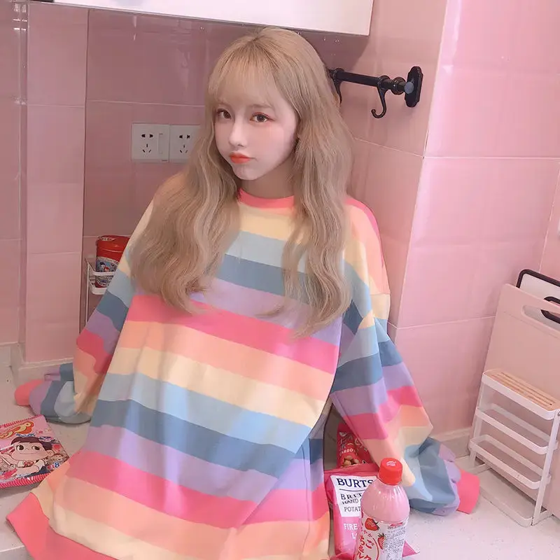2023 Autumn Winter Rainbow Stripe Long Sleeve Sweatshirt Women's Korean Trendy Loose Fit Harajuku Thin Top Outer Wear