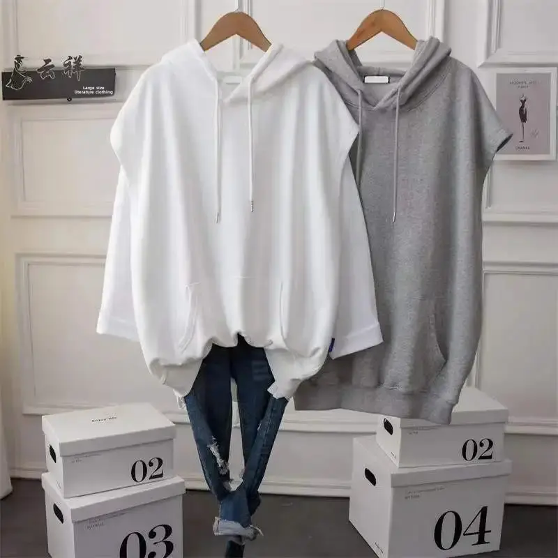 Spring Autumn Loose-Fit Plus Size Simple Medium-Length Sweatshirt Women's Hooded Vest Jacket Ins Without Sleeves
